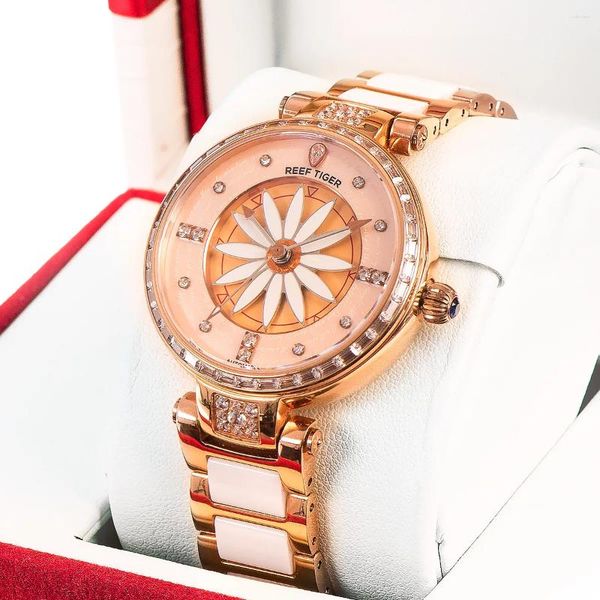 Relógios de pulso Reef Tiger/RT Luxo Senhoras Relógio À Prova D 'Água Rosa Ouro Aço Mulheres Relógios de Pulso Top Marca Pulseira Relogio Feminino RGA1599