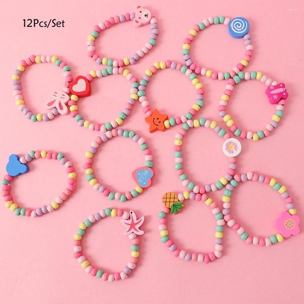 Bomboniera 12 pezzi Braccialetti di perline di legno naturale per bambini dei cartoni animati per bambini Ragazza Bomboniere di compleanno Baby Shower Regali per gli ospiti Riempitivi di pinata