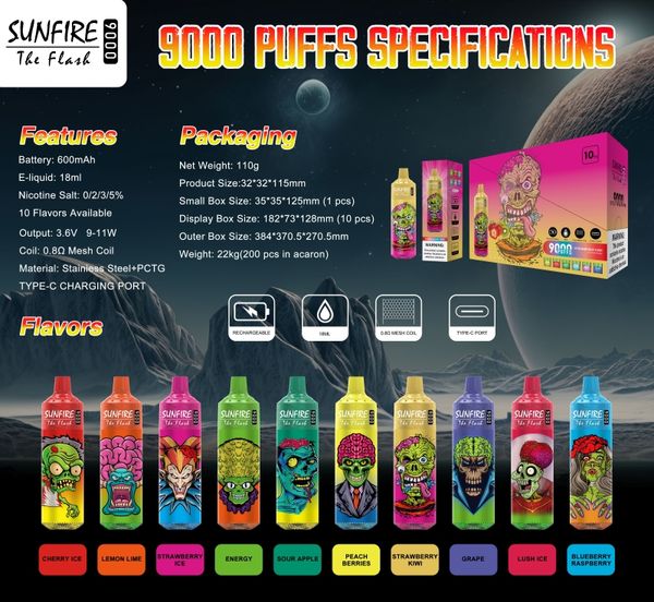 Оригинальный Sunfire 9000 Puff Orsosable E-Cig Device Device Vape Pen 10 Flavors Fast Shipping Ondosable Vape Pen Device 18 мл 600 мАч.