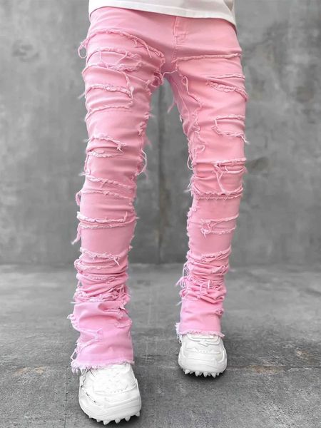 Jeans skinny franja hip-hop borda elástica remendo punk rock longo apertado ajuste empilhado calças jeans azul rosa 325