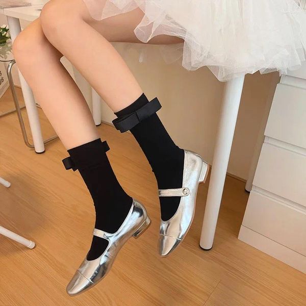 Damen Socken Samt Schleife Bonbonfarben Baumwolle Stricken Lang Y2k Japanische Mode JK Lolita Mädchen Kawaii Niedlich