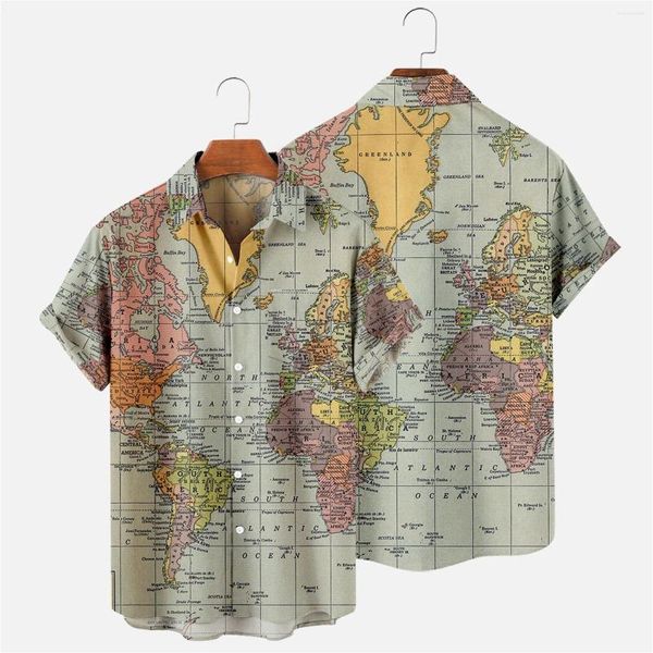 Camisetas masculinas moda primavera/verão casual mapa padrão camisa de lapela de manga curta