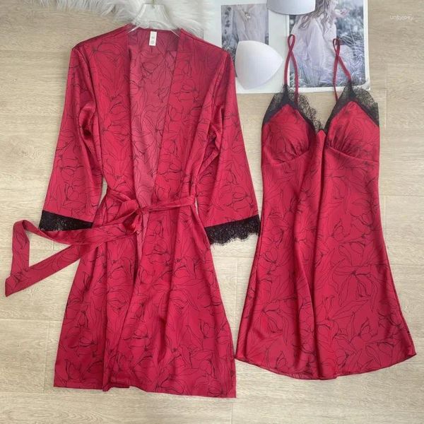 Mulheres sleepwear sexy borgonha rayon robe terno rendas retalhos lingerie nightwear impressão sleewpear mulheres chemise nightgown verão mini