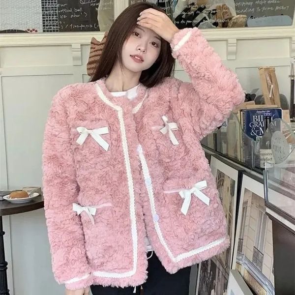 Giacche da donna Rimocy Sweet Pink Bowknot Giacca in pelliccia sintetica Donna Moda coreana O Collo Cappotto in lana d'agnello Donna Manica lunga Fluffy Ladies 231011