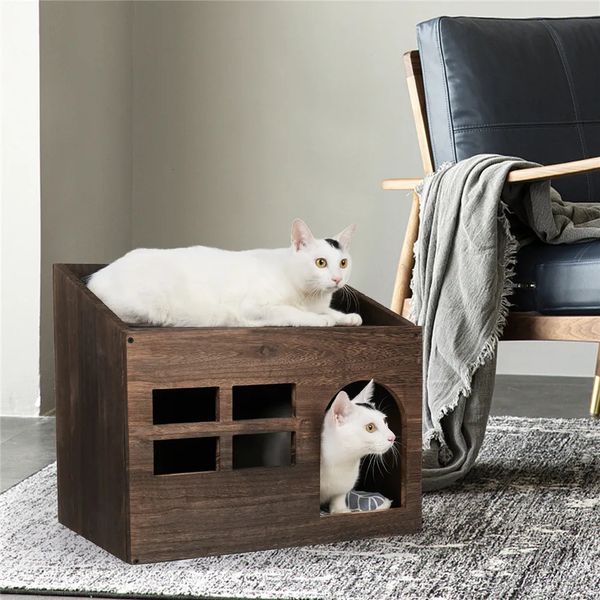 Camas para gatos Móveis Duráveis de madeira para gatos Móveis para gatos Gatinhos Sono Lounge Casa Cama com almofada Caixa de areia para gatos internos 231011