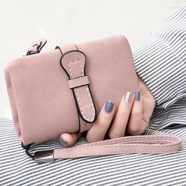 Portafogli Borsa corta multifunzione pieghevole Portafoglio da donna con cerniera in pelle nabuk con coulisse e cinturino da polso Carteras Para Mujer