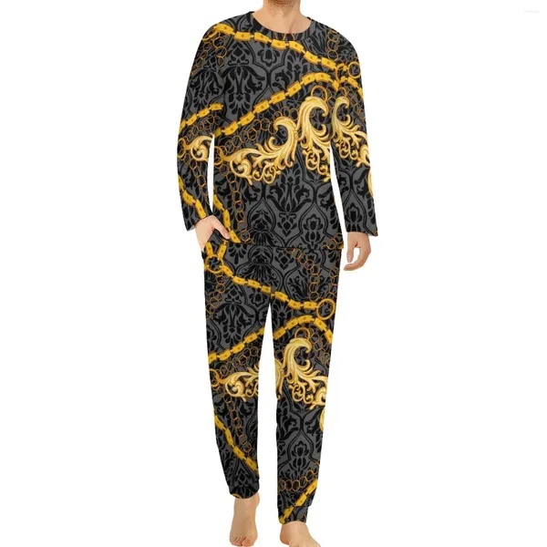 Homens sleepwear corrente de ouro pijamas primavera vintage impressão noite casa terno homem 2 peça personalizado manga longa legal conjuntos de pijama de grandes dimensões