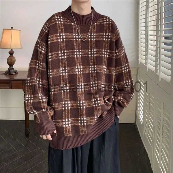 Herrenpullover Herbst Plaid Pullover Pullover Männer Gemütliche Lose Oansatz Pullover Paare Gestrickte Retro Warme Langarm Koreanische Mode Teenager Pullover J231012