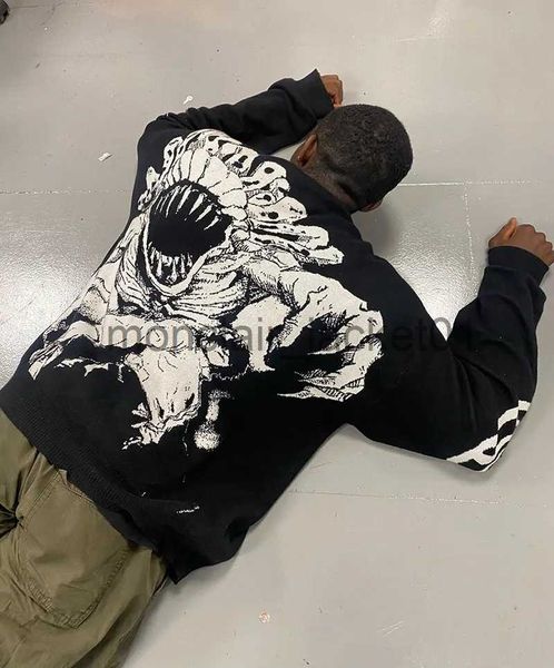 Suéteres masculinos 2023 homens streetwear suéter retrô demon pintura anime malha gráfico hip hop suéter vintage pulôver suéter casual j231012