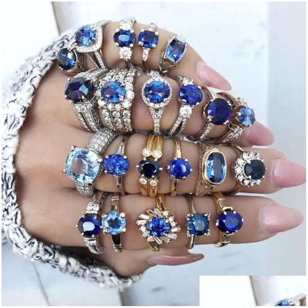 Grande anello in pietra blu Gioielli con ciondoli Donna Cz Promessa di matrimonio Anelli di fidanzamento Accessori da donna Dhgarden Otygu