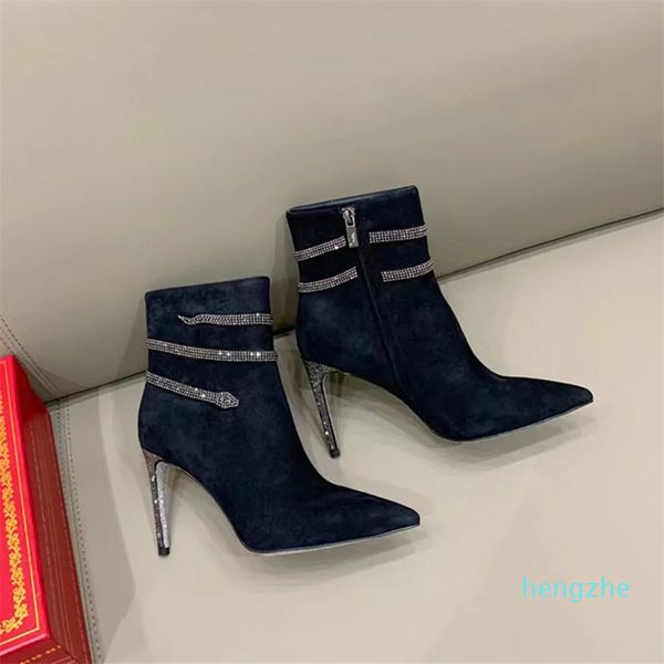 Stiefeletten mit verziertem Wildleder, Schlangen-Strass-Stiletto-Absatz, seitlicher Reißverschluss, spitze Zehenpartie, Stiletto-Absatz, Booties, Designer-Damenabend