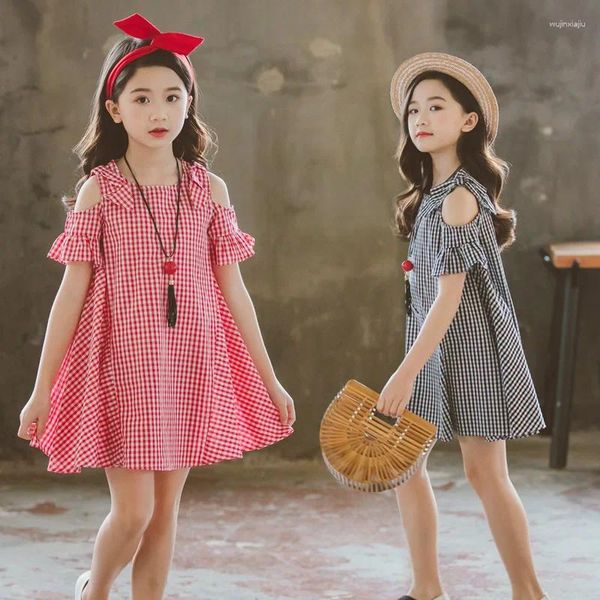 Vestidos de menina xadrez primavera crianças coreano manga curta vestido de princesa 4-9 anos