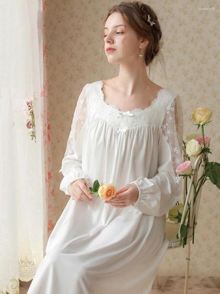 Damen-Nachtwäsche, französisches viktorianisches Baumwoll-Feen-Nachtkleid, Vintage-Spitzenspleiß, lange Ärmel, Peignoir-Nachthemd, Prinzessin