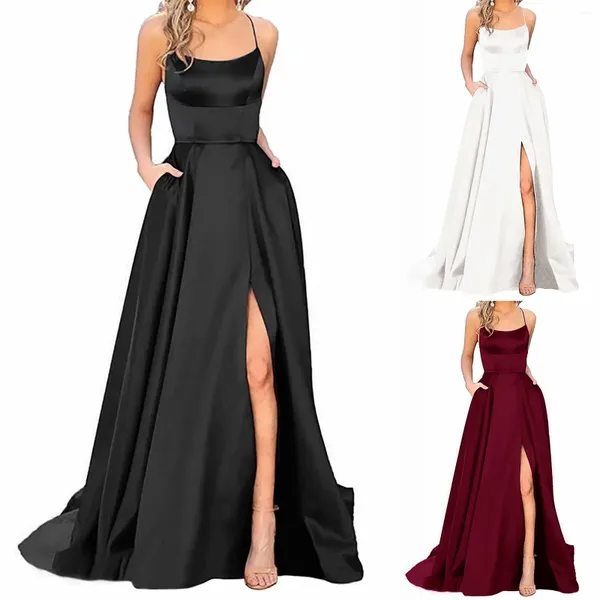 Vestidos casuais mulheres elegante halter backless longo crin cetim espaguete festa vestido de baile lateral fenda noite com bolsos