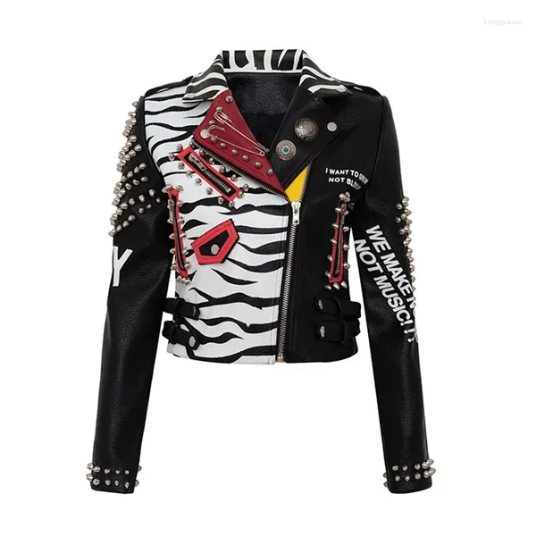 Damenjacken Vintage Schwarzer Druck PU-Lederjacke Frauen Revers Motorrad Punk Frühling Reißverschluss Nietenmäntel