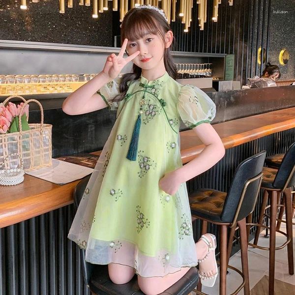 Vestidos da menina verão chiffon vestido 2023 princesa cheongsam estilo chinês gola alta manga puff bordado impressão bonito das crianças