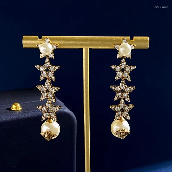 Brincos pendurados de alta qualidade, zircão, estrela, cor dourada, pérola branca, franja longa, joias da moda feminina le025