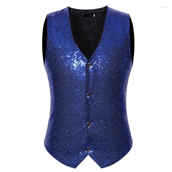 Coletes masculinos azul brilhante lantejoulas terno colete homens 2024 marca único breasted paillette colete gilet homme casamento noivo vestido