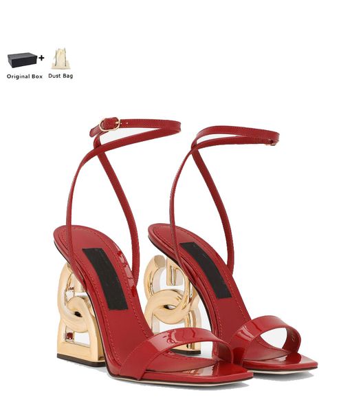 A114 Frauen Leder Designer Keira Sandalen Schuhe Barock D und G-förmigen Heels Vergoldet Carbon Party Hochzeit Dame Sexy Gladiator Sa