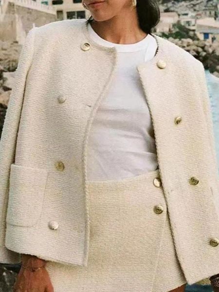 Giacche da donna Cappotto in lana di tweed da donna Doppio petto Manica lunga O-Collo Elegante Giacca autunno-inverno 2023