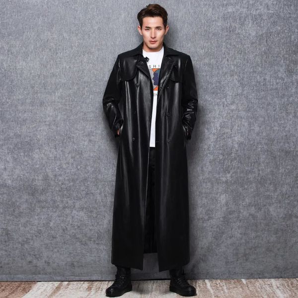 Cappotto in pelle sintetica Lautaro da uomo lungo in pelle nera trench da uomo manica lunga doppiopetto primavera autunno taglie forti abbigliamento uomo in pelle pu 6xl 7xl 231011