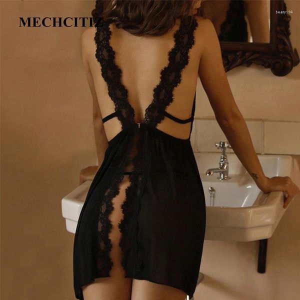 Mulheres Sleepwear Mechcitiz Sexy Nightdress Deep Lace Mulheres Lingerie Silk Cetim Nightie Nightgown Sem Mangas Sling Nightwear Home Dress