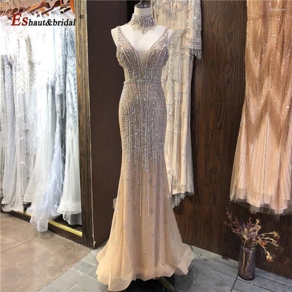 Party Kleider Elegante Dubai Champagner Abend Nacht Kleid Für Frauen 2023 Meerjungfrau Perlen Sexy High Neck Lange Formale Prom hochzeit Kleider