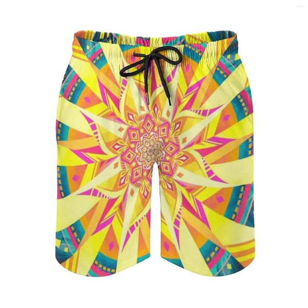 Herren-Shorts, Sonne, Mandala, schnell trocknend, Sommer, Herren-Strand-Board-Slips für Herren, Turnhose, Sternglanz, Strahlen, Gelb, Orange