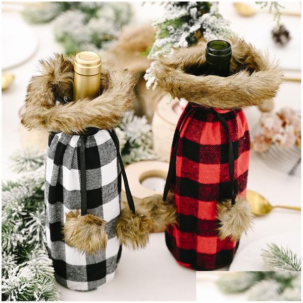 Decorações de Natal Buffalo Xadrez Garrafa de Vinho Er Decorativo Faux Fur Cuff Sweater Titular Sacos de Presente Ornamento JK2009XB Home Gard Dhyo6