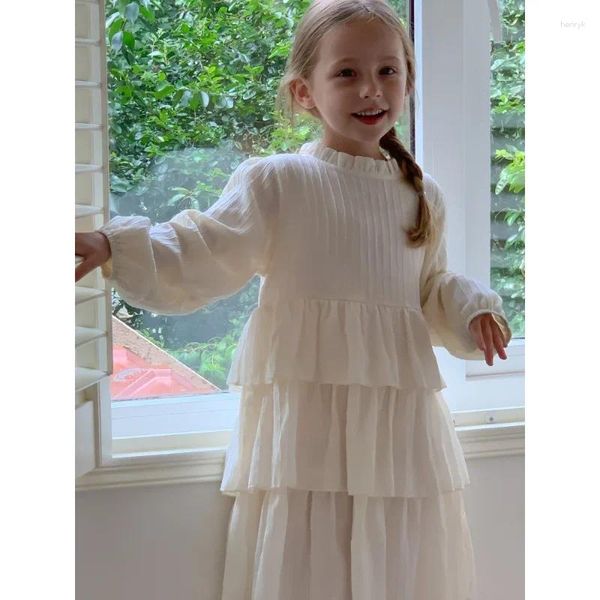 Платья для девочек Платье для девочек весна-осень 2023 Модный французский стиль для маленьких принцесс однотонное повседневное простое милое платье с длинными рукавами