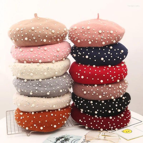 Berets 2023 Winter Wolle Baskenmütze Mütze Strass Perlen Perlen Elegant Für Weibliche Herbst Frühling Hut Frauen Einfarbig Französisch Stil