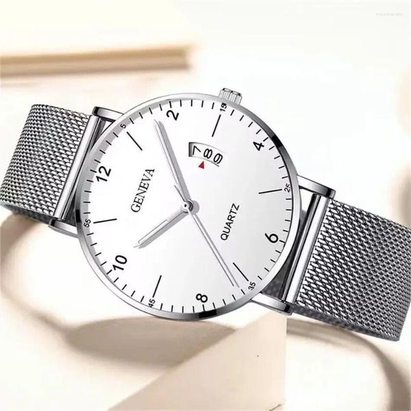 Relógios de pulso Montre Homme Relógio Casual para Homens Relógio de Pulso de Quartzo Minimalista Mens Ultra-fino Aço Inoxidável Malha Cinto Calendário de Negócios