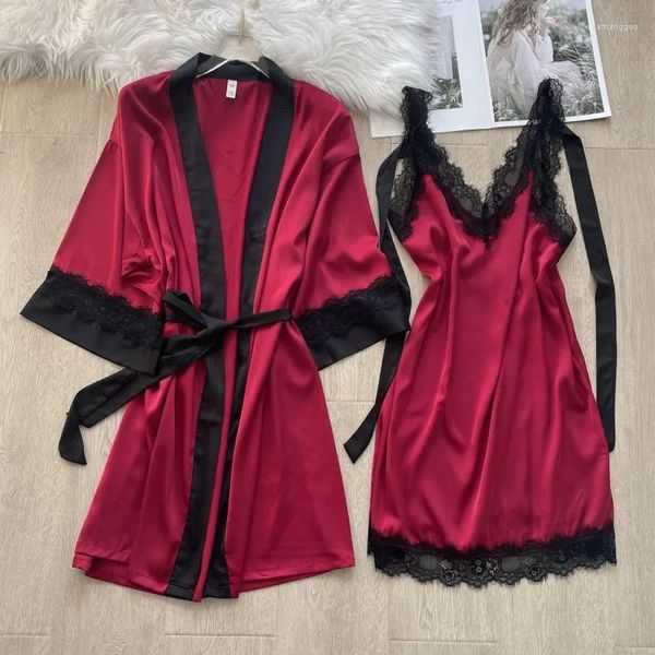 Indumenti da notte da donna 2 pezzi Kimono in raso di seta Accappatoio Camicia da notte morbida Abito da donna Set Foratura Intimo Lingerie Pigiama allentato