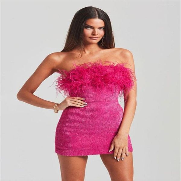 Mini abito Clubwear con finiture rosa senza spalline Abiti aderenti aderenti per feste di compleanno con paillettes glitter di lusso sexy in piume di struzzo2656