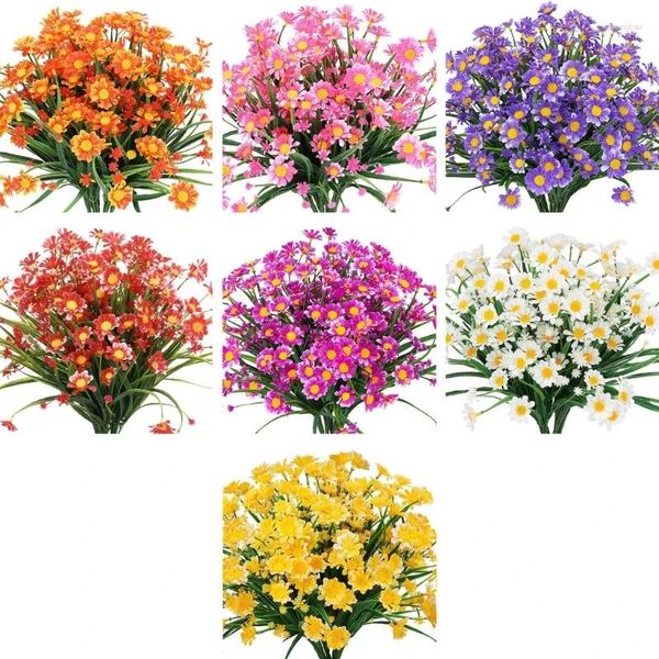 Flores decorativas 12 pacotes 7 cores margaridas artificiais plástico falso para pendurados externos plantador casa decoração de jardim