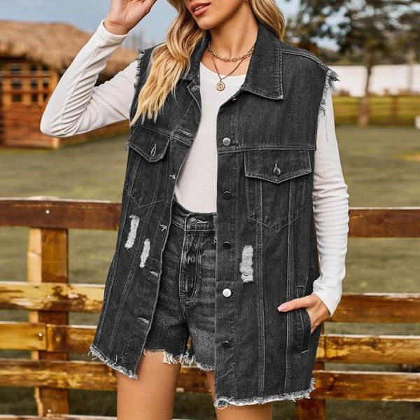 Damenjacken 2023 Mode Denim Weste für Frauen ärmellos lässig lose lange Jeans Jacke Mantel Schwarz Loch Straße Hipster Weibliche Kleidung