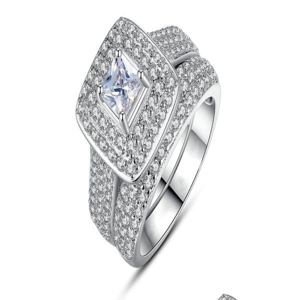 Eheringe 2 Stück Sets Hochzeit Verlobungsring für Frauen Braut Klassischer quadratischer Schnitt Zirkonia Kristall Silber Farbe Modeschmuck Dhx5Q