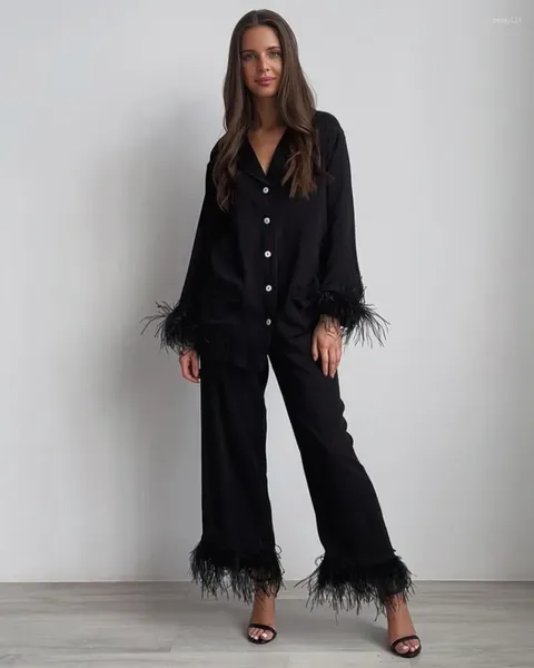 Mulheres sleepwear 2023 penas punhos calças duas peças define moda para mulheres camisas e perna larga calça homewear roupas sexy festa de seda