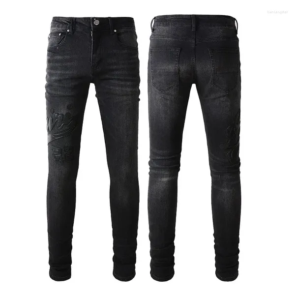 Jeans masculinos preto americano streetwear lápis na moda com letras adesivos calças jeans para homens mulheres slim fit remendado rasgado