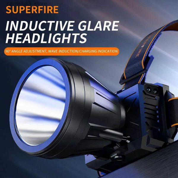 Lâmpadas de cabeça SUPERFIRE HL82 Super Bright USB-C recarregável de alta potência farol lanterna de cabeça embutida 18650 bateria lanterna de acampamento Q231013