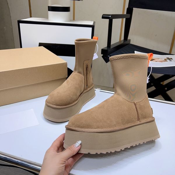 Bota feminina moda sola grossa botas de neve menina inverno novo elástico fino botas de encaixe lateral zíper moda versátil pelúcia botas longas 35-42