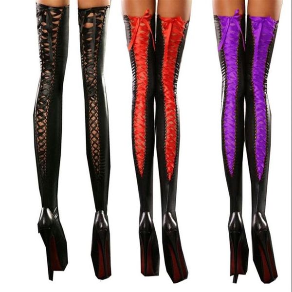 Siyah Mor Kırmızı Seksi Dantel Up Çoraplar Kadınlar Tutma Çorap Çorap Çoraplar Süslü Elbise Stripper Dans Clubwear226W