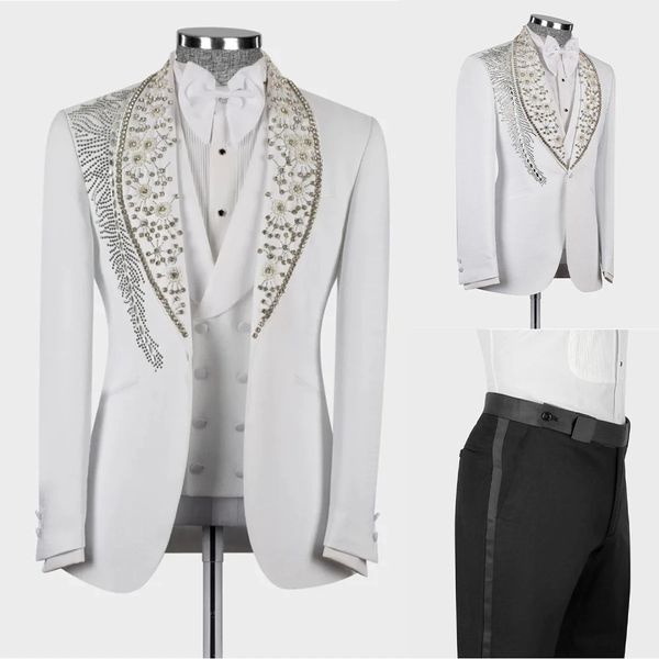 Weiße Anzüge für Männer Hochzeit Luxus schwere Perlen Jacke formale Bräutigam tragen Smoking 3 Stück männliche Mode Bankett Prom Party Hosen