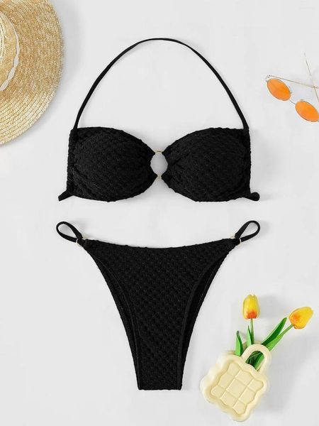 Damenbadebekleidung Sexy Halter Mini Bikini Weiblicher Badeanzug Frauen Zweiteilige Set Solide Strick Badende Badeanzug Schwimmen Dame Anzüge