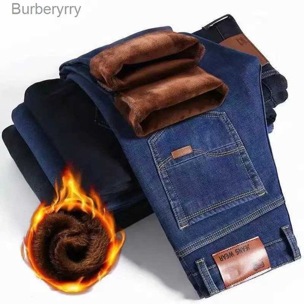 Calças de brim masculinas clássico regular ajuste velo preto azul jeans inverno casual negócios estiramento calças largas marca mais calças de veludo l231011