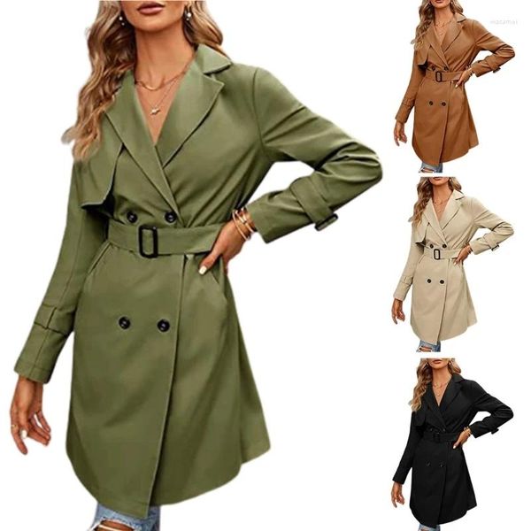 Trench da donna Elegante cappotto lungo a vento con doppio petto soprabito con risvolto frontale Capispalla con cintura per vari drop