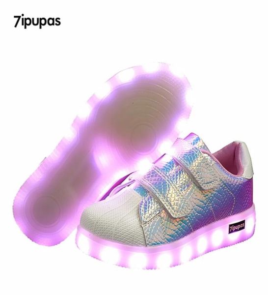 7ipupas carregamento usb sapatos infantis concha rosa tênis brilhantes led com luz para meninos meninas cesta tenis led luminoso 22011742271189424467