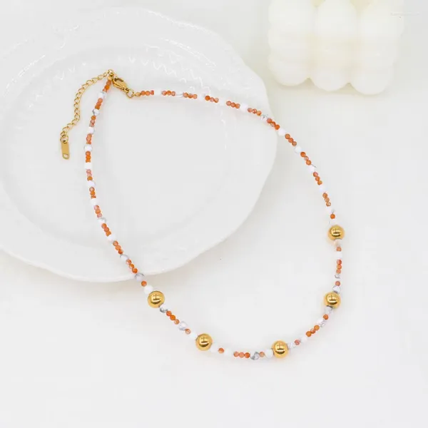 Halskette-Ohrringe-Set, exquisiter orangefarbener Naturstein-Perlen-Schmuck für Frauen, 18 K vergoldet, handgefertigt, wasserdicht, Charm-Hals