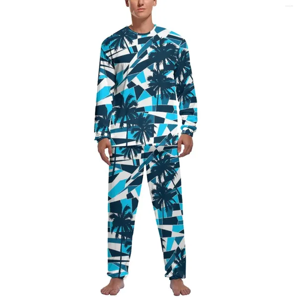 Мужская пижама с абстрактными пальмами, пижамы с растительным принтом, мужские милые пижамные комплекты с длинными рукавами, 2 предмета, домашний костюм с осенним узором для спальни, подарок