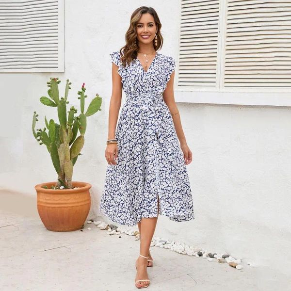 Casual Kleider Sommer V-ausschnitt Rüschen Trim Ärmelloses Elegantes Kleid Hohe Taille Gürtel Split Saum Blumen Druck Midi Böhmen Streetwear